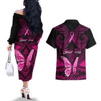 Personalised Pink Out Couples Matching Off The Shoulder Long Sleeve Dress and Hawaiian Shirt Breast Cancer Awareness Polynesian Pattern Black Version LT01 - Polynesian Pride