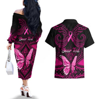 Personalised Pink Out Couples Matching Off The Shoulder Long Sleeve Dress and Hawaiian Shirt Breast Cancer Awareness Polynesian Pattern Black Version LT01 - Polynesian Pride