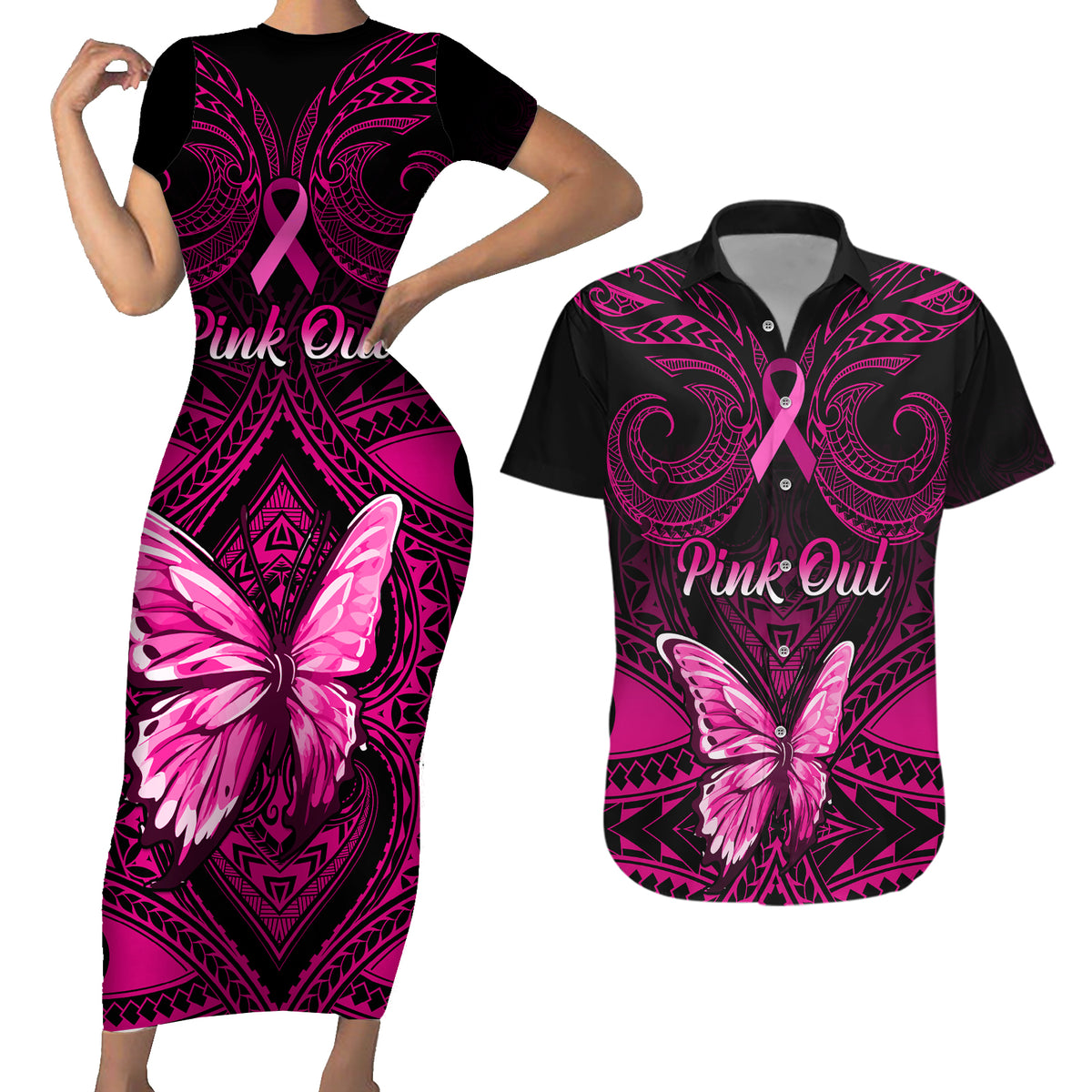 Personalised Pink Out Couples Matching Short Sleeve Bodycon Dress and Hawaiian Shirt Breast Cancer Awareness Polynesian Pattern Black Version LT01 Black - Polynesian Pride