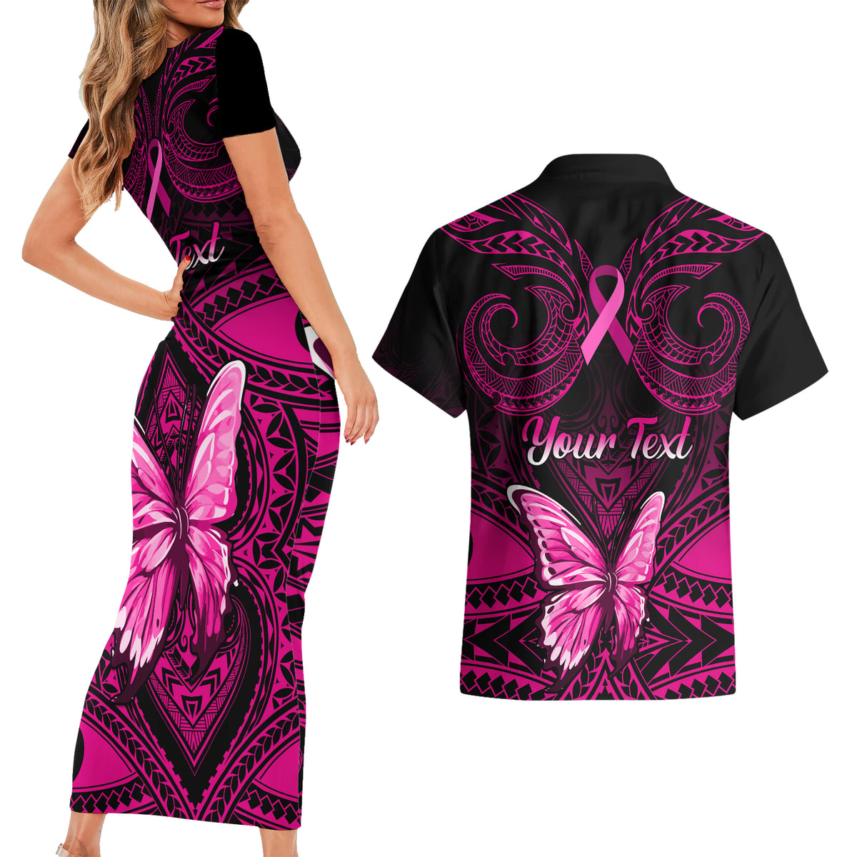 Personalised Pink Out Couples Matching Short Sleeve Bodycon Dress and Hawaiian Shirt Breast Cancer Awareness Polynesian Pattern Black Version LT01 - Polynesian Pride