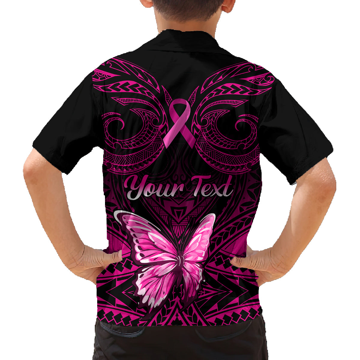 Personalised Pink Out Family Matching Long Sleeve Bodycon Dress and Hawaiian Shirt Breast Cancer Awareness Polynesian Pattern Black Version LT01 - Polynesian Pride