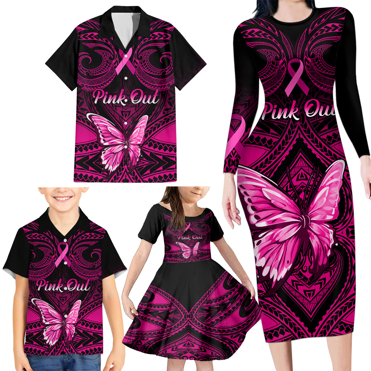 Personalised Pink Out Family Matching Long Sleeve Bodycon Dress and Hawaiian Shirt Breast Cancer Awareness Polynesian Pattern Black Version LT01 - Polynesian Pride