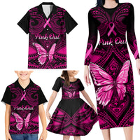 Personalised Pink Out Family Matching Long Sleeve Bodycon Dress and Hawaiian Shirt Breast Cancer Awareness Polynesian Pattern Black Version LT01 - Polynesian Pride