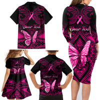 Personalised Pink Out Family Matching Long Sleeve Bodycon Dress and Hawaiian Shirt Breast Cancer Awareness Polynesian Pattern Black Version LT01 - Polynesian Pride