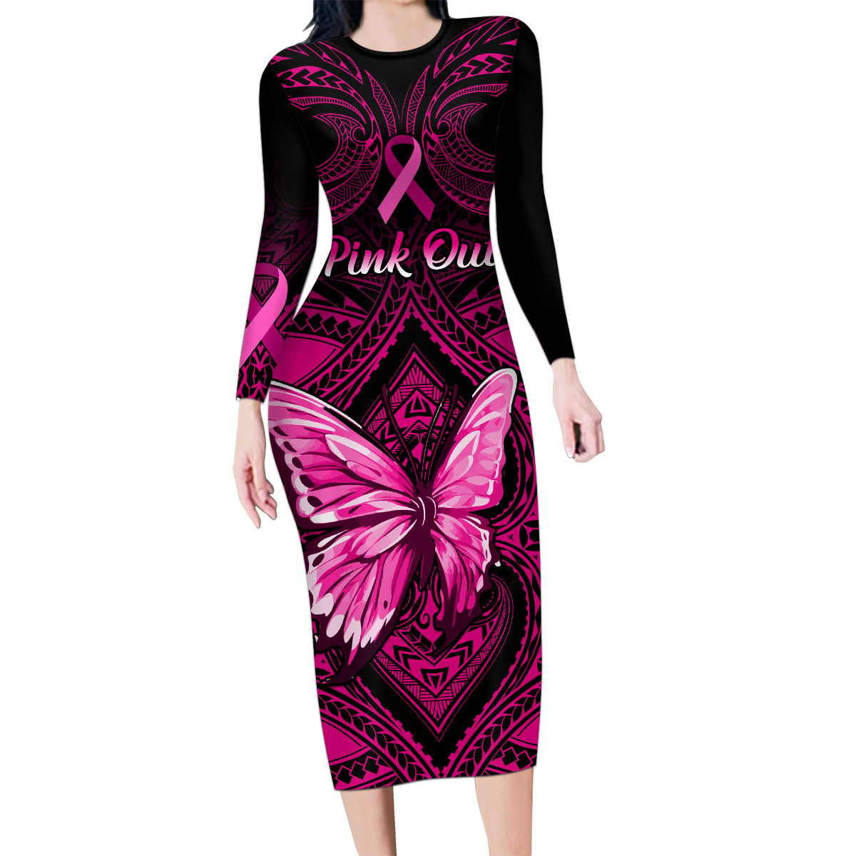 Personalised Pink Out Family Matching Long Sleeve Bodycon Dress and Hawaiian Shirt Breast Cancer Awareness Polynesian Pattern Black Version LT01 Mom's Dress Black - Polynesian Pride