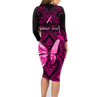 Personalised Pink Out Family Matching Long Sleeve Bodycon Dress and Hawaiian Shirt Breast Cancer Awareness Polynesian Pattern Black Version LT01 - Polynesian Pride