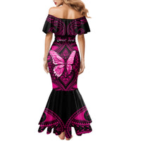 Personalised Pink Out Family Matching Mermaid Dress and Hawaiian Shirt Breast Cancer Awareness Polynesian Pattern Black Version LT01 - Polynesian Pride