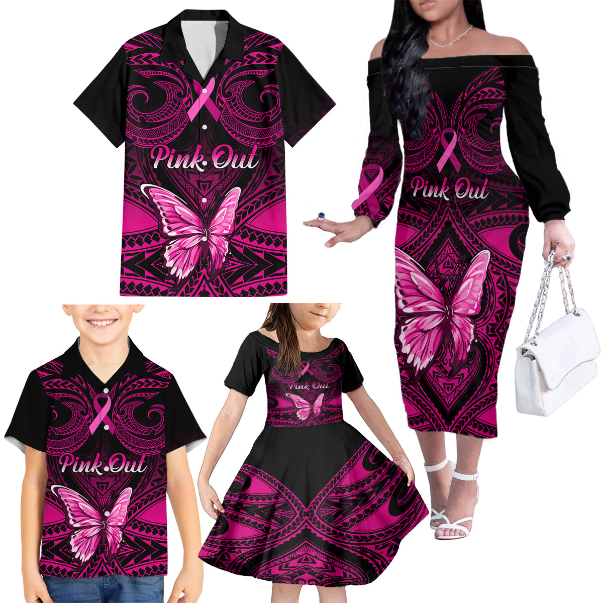 Personalised Pink Out Family Matching Off Shoulder Long Sleeve Dress and Hawaiian Shirt Breast Cancer Awareness Polynesian Pattern Black Version LT01 - Polynesian Pride