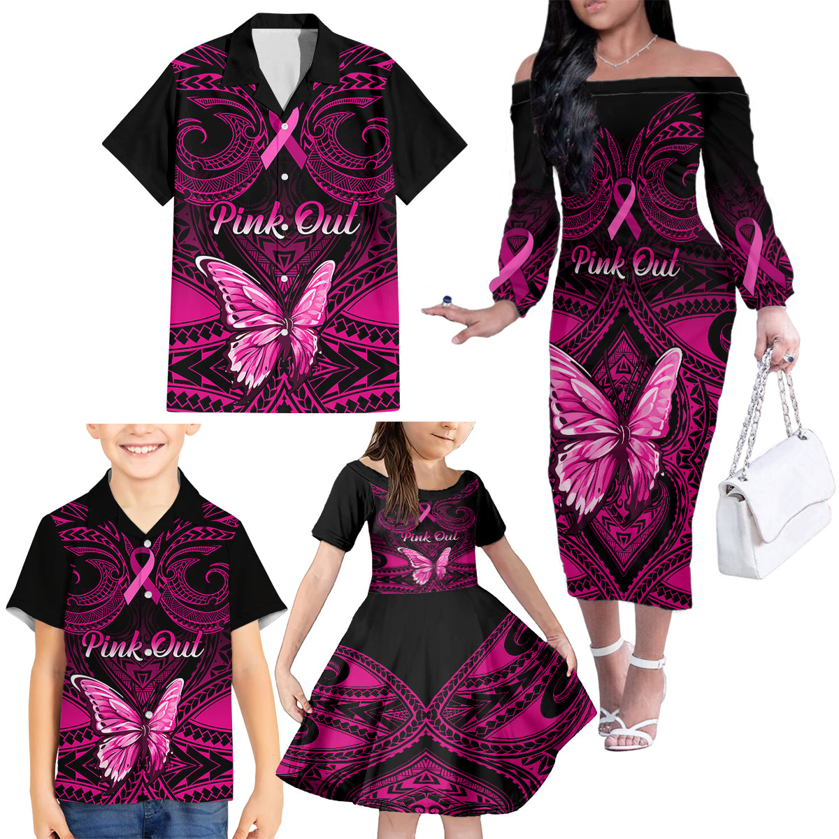 Personalised Pink Out Family Matching Off Shoulder Long Sleeve Dress and Hawaiian Shirt Breast Cancer Awareness Polynesian Pattern Black Version LT01 - Polynesian Pride