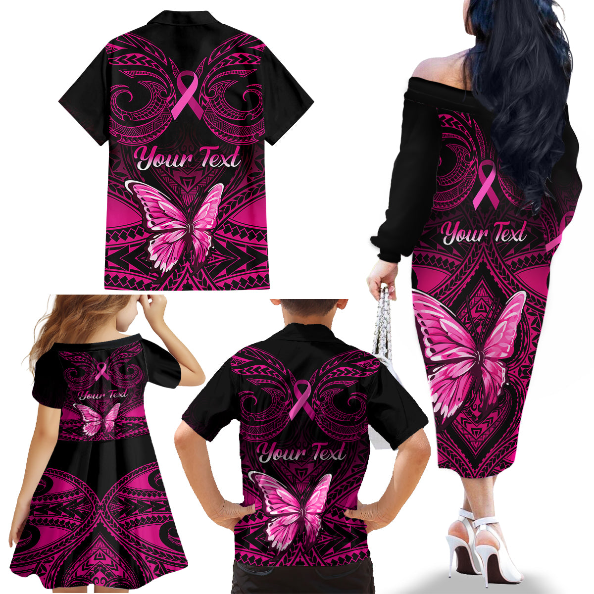 Personalised Pink Out Family Matching Off Shoulder Long Sleeve Dress and Hawaiian Shirt Breast Cancer Awareness Polynesian Pattern Black Version LT01 - Polynesian Pride