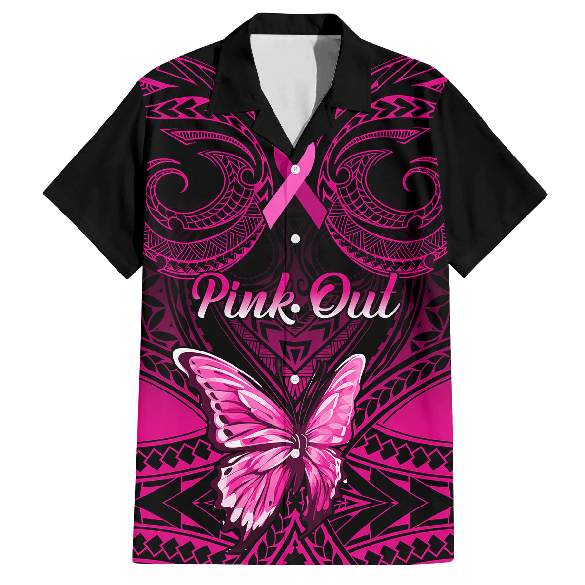 Personalised Pink Out Family Matching Off Shoulder Long Sleeve Dress and Hawaiian Shirt Breast Cancer Awareness Polynesian Pattern Black Version LT01 Dad's Shirt - Short Sleeve Black - Polynesian Pride