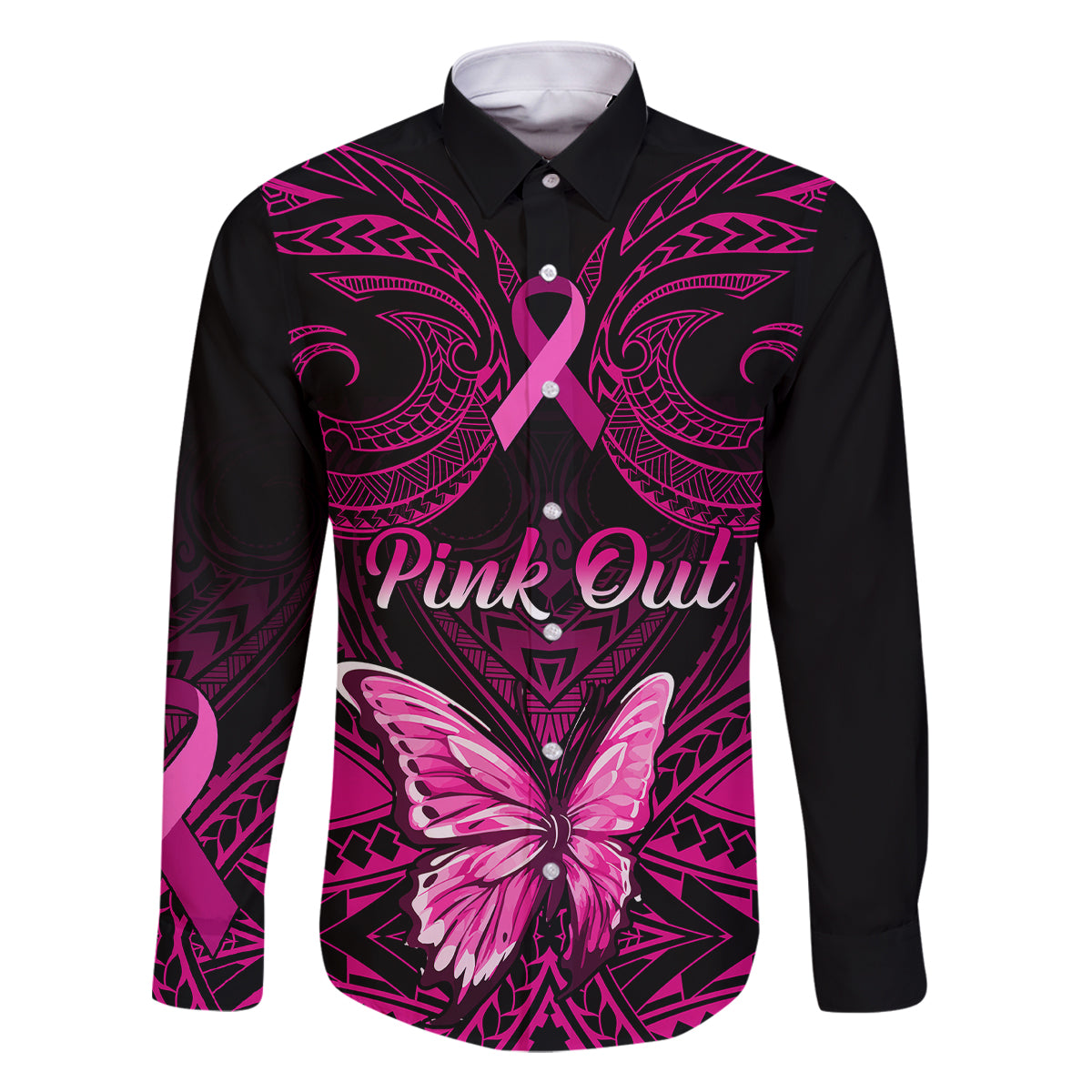 Personalised Pink Out Family Matching Off Shoulder Long Sleeve Dress and Hawaiian Shirt Breast Cancer Awareness Polynesian Pattern Black Version LT01 Dad's Shirt - Long Sleeve Black - Polynesian Pride