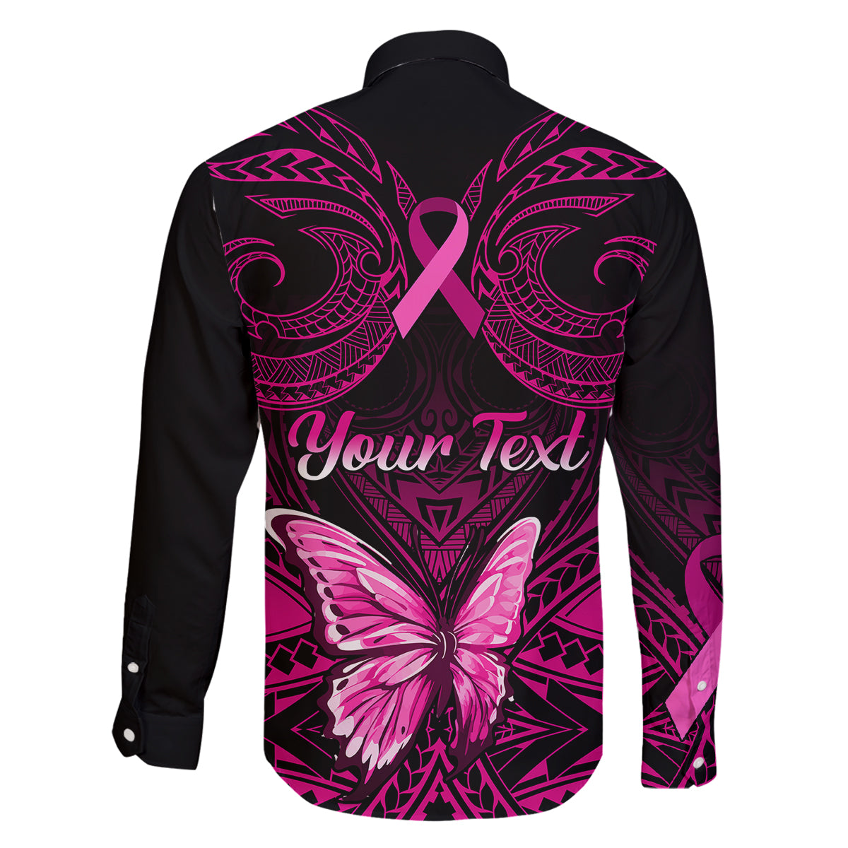 Personalised Pink Out Family Matching Off Shoulder Long Sleeve Dress and Hawaiian Shirt Breast Cancer Awareness Polynesian Pattern Black Version LT01 - Polynesian Pride
