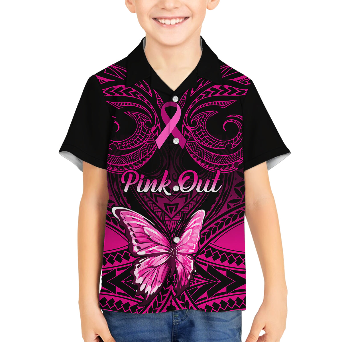 Personalised Pink Out Family Matching Off Shoulder Long Sleeve Dress and Hawaiian Shirt Breast Cancer Awareness Polynesian Pattern Black Version LT01 Son's Shirt Black - Polynesian Pride