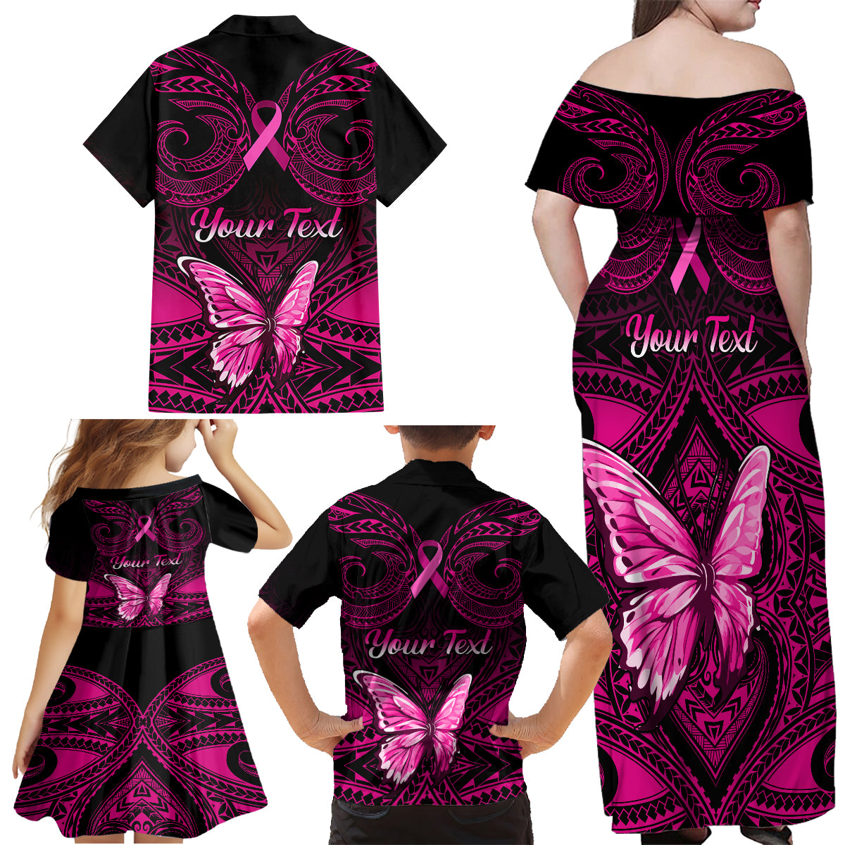 Personalised Pink Out Family Matching Off Shoulder Maxi Dress and Hawaiian Shirt Breast Cancer Awareness Polynesian Pattern Black Version LT01 - Polynesian Pride