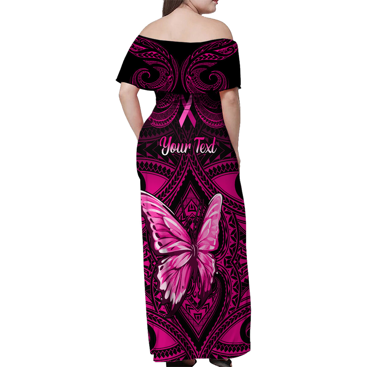 Personalised Pink Out Family Matching Off Shoulder Maxi Dress and Hawaiian Shirt Breast Cancer Awareness Polynesian Pattern Black Version LT01 - Polynesian Pride