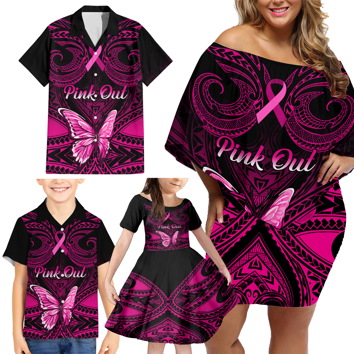 Personalised Pink Out Family Matching Off Shoulder Short Dress and Hawaiian Shirt Breast Cancer Awareness Polynesian Pattern Black Version LT01 - Polynesian Pride