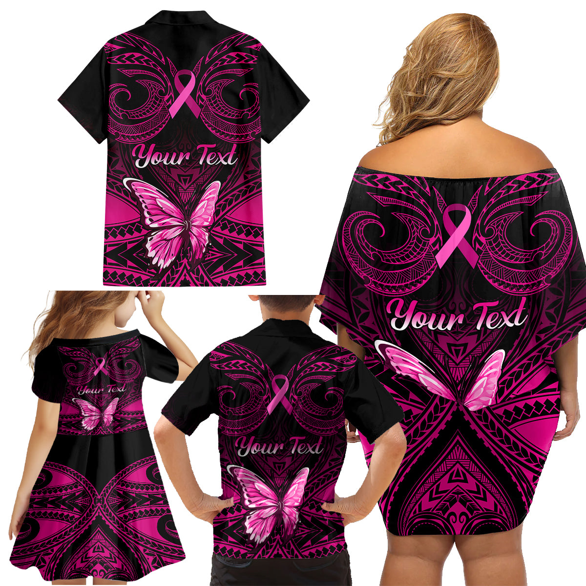 Personalised Pink Out Family Matching Off Shoulder Short Dress and Hawaiian Shirt Breast Cancer Awareness Polynesian Pattern Black Version LT01 - Polynesian Pride