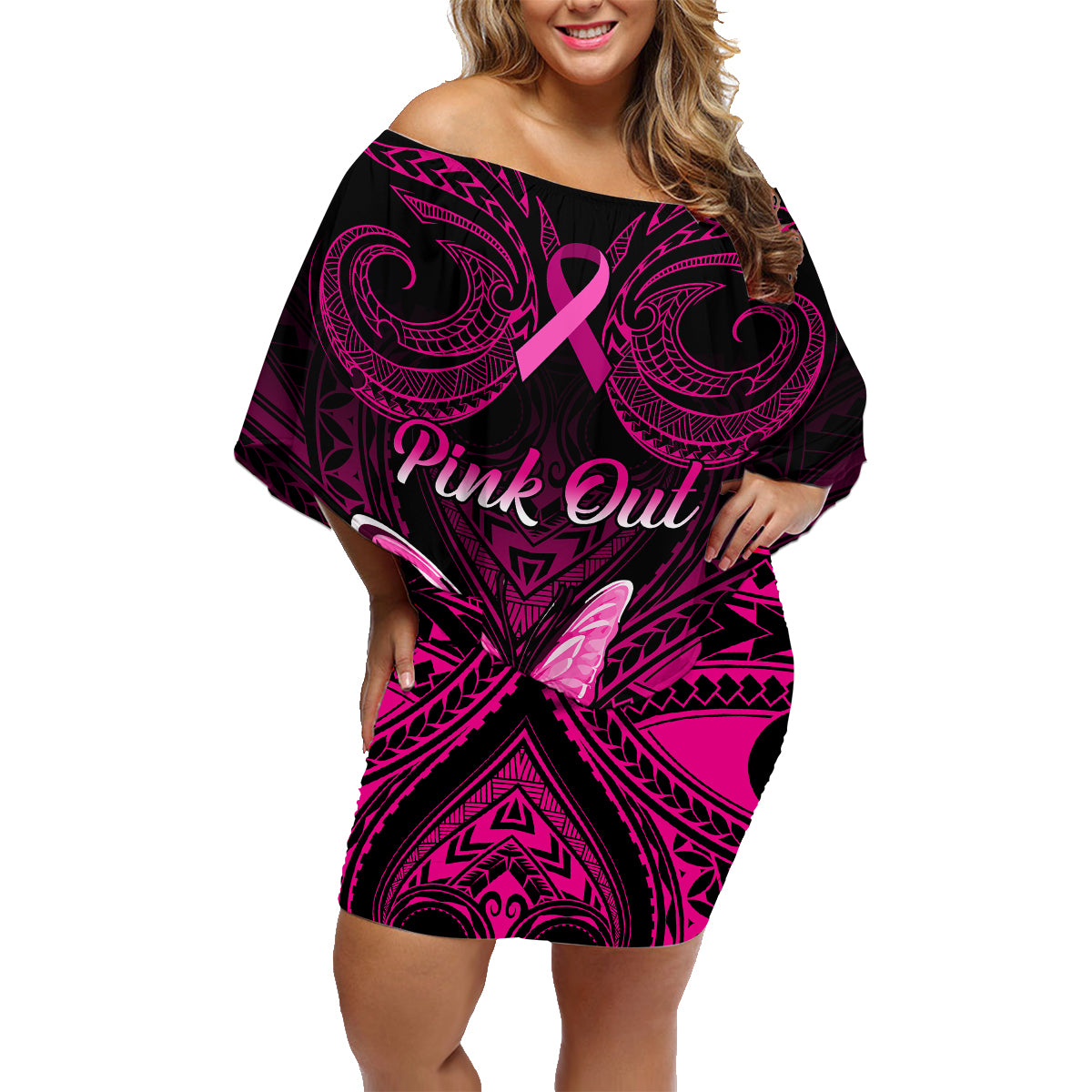 Personalised Pink Out Family Matching Off Shoulder Short Dress and Hawaiian Shirt Breast Cancer Awareness Polynesian Pattern Black Version LT01 Mom's Dress Black - Polynesian Pride