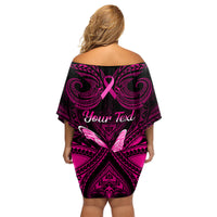 Personalised Pink Out Family Matching Off Shoulder Short Dress and Hawaiian Shirt Breast Cancer Awareness Polynesian Pattern Black Version LT01 - Polynesian Pride