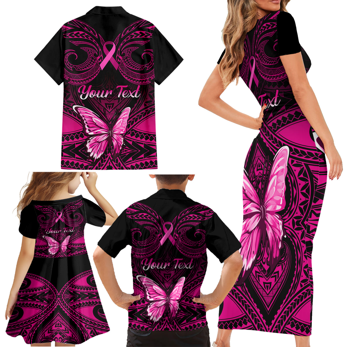 Personalised Pink Out Family Matching Short Sleeve Bodycon Dress and Hawaiian Shirt Breast Cancer Awareness Polynesian Pattern Black Version LT01 - Polynesian Pride