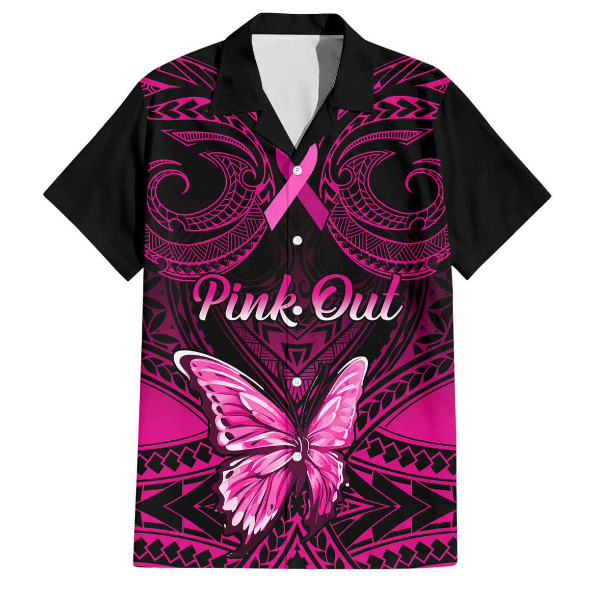 Personalised Pink Out Family Matching Short Sleeve Bodycon Dress and Hawaiian Shirt Breast Cancer Awareness Polynesian Pattern Black Version LT01 Dad's Shirt - Short Sleeve Black - Polynesian Pride