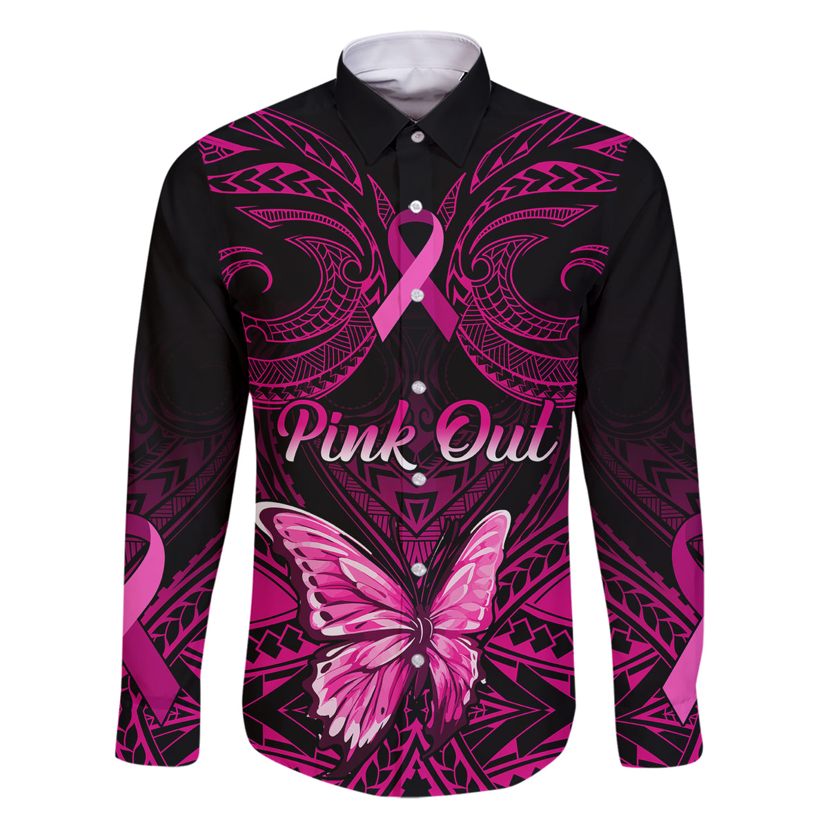 Personalised Pink Out Family Matching Short Sleeve Bodycon Dress and Hawaiian Shirt Breast Cancer Awareness Polynesian Pattern Black Version LT01 Dad's Shirt - Long Sleeve Black - Polynesian Pride