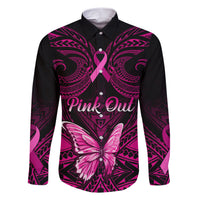 Personalised Pink Out Family Matching Short Sleeve Bodycon Dress and Hawaiian Shirt Breast Cancer Awareness Polynesian Pattern Black Version LT01 Dad's Shirt - Long Sleeve Black - Polynesian Pride