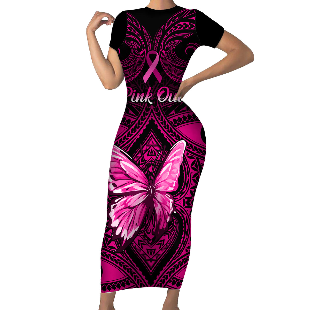 Personalised Pink Out Family Matching Short Sleeve Bodycon Dress and Hawaiian Shirt Breast Cancer Awareness Polynesian Pattern Black Version LT01 Mom's Dress Black - Polynesian Pride