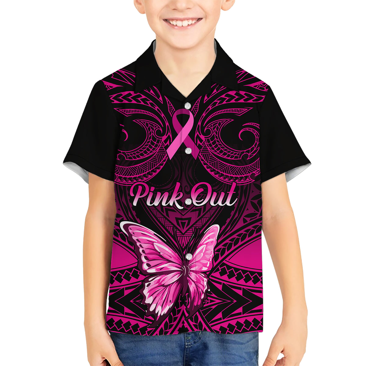 Personalised Pink Out Family Matching Short Sleeve Bodycon Dress and Hawaiian Shirt Breast Cancer Awareness Polynesian Pattern Black Version LT01 Son's Shirt Black - Polynesian Pride