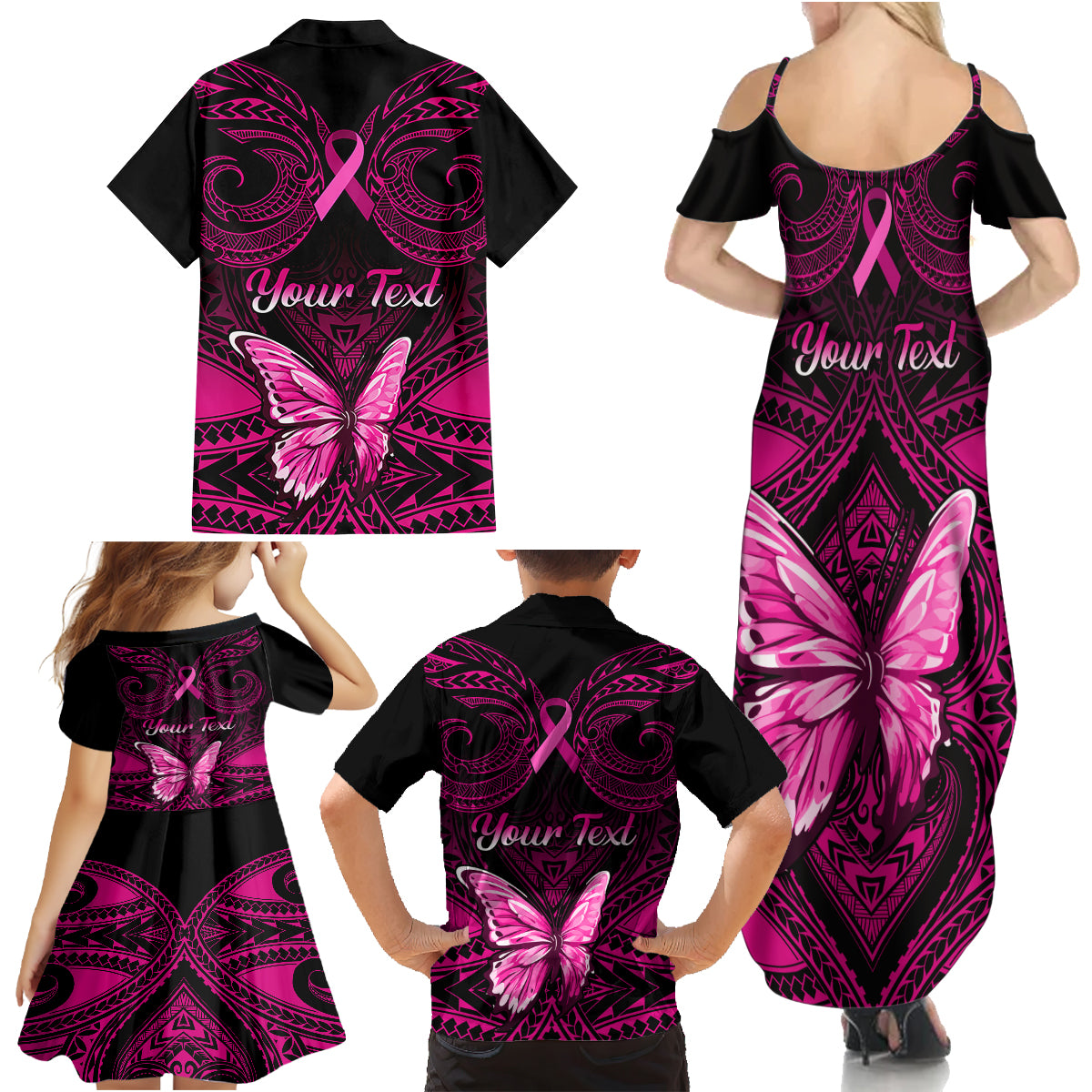 Personalised Pink Out Family Matching Summer Maxi Dress and Hawaiian Shirt Breast Cancer Awareness Polynesian Pattern Black Version LT01 - Polynesian Pride