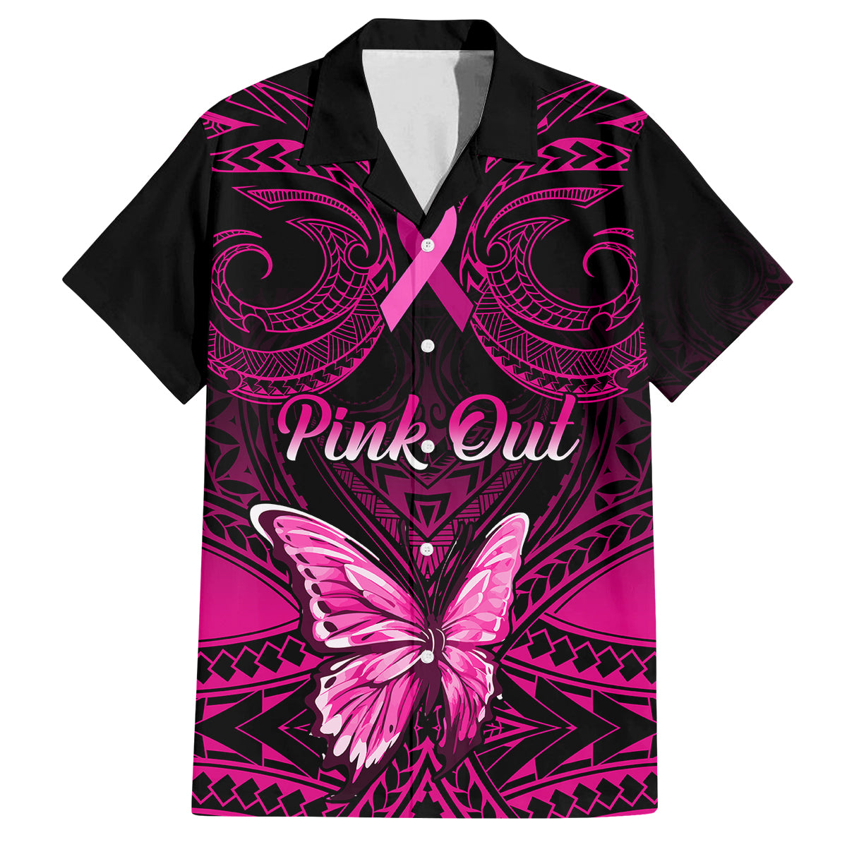 Personalised Pink Out Family Matching Summer Maxi Dress and Hawaiian Shirt Breast Cancer Awareness Polynesian Pattern Black Version LT01 Dad's Shirt - Short Sleeve Black - Polynesian Pride