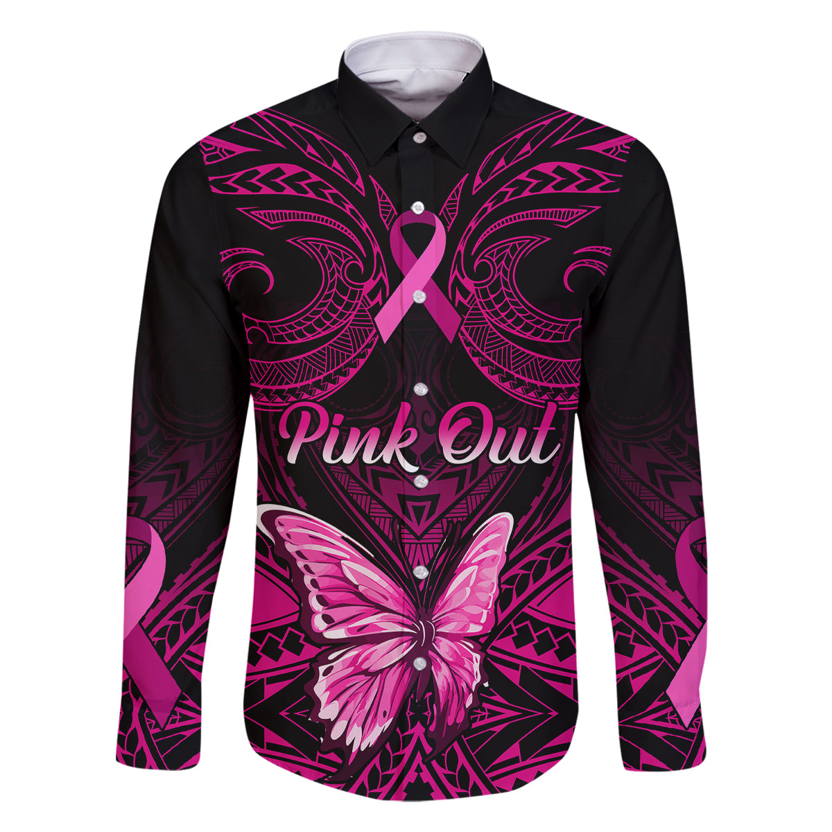 Personalised Pink Out Family Matching Summer Maxi Dress and Hawaiian Shirt Breast Cancer Awareness Polynesian Pattern Black Version LT01 Dad's Shirt - Long Sleeve Black - Polynesian Pride