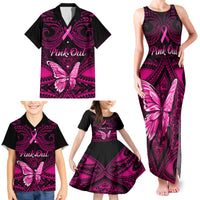 Personalised Pink Out Family Matching Tank Maxi Dress and Hawaiian Shirt Breast Cancer Awareness Polynesian Pattern Black Version LT01 - Polynesian Pride