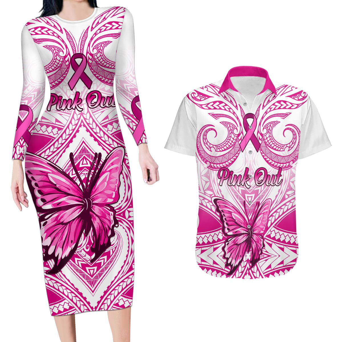 Personalised Pink Out Couples Matching Long Sleeve Bodycon Dress and Hawaiian Shirt Breast Cancer Awareness Polynesian Pattern White Version LT01 White - Polynesian Pride