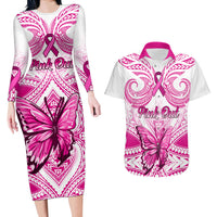 Personalised Pink Out Couples Matching Long Sleeve Bodycon Dress and Hawaiian Shirt Breast Cancer Awareness Polynesian Pattern White Version LT01 White - Polynesian Pride