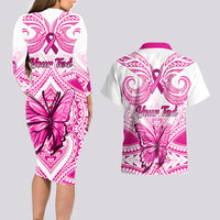 Personalised Pink Out Couples Matching Long Sleeve Bodycon Dress and Hawaiian Shirt Breast Cancer Awareness Polynesian Pattern White Version LT01 - Polynesian Pride