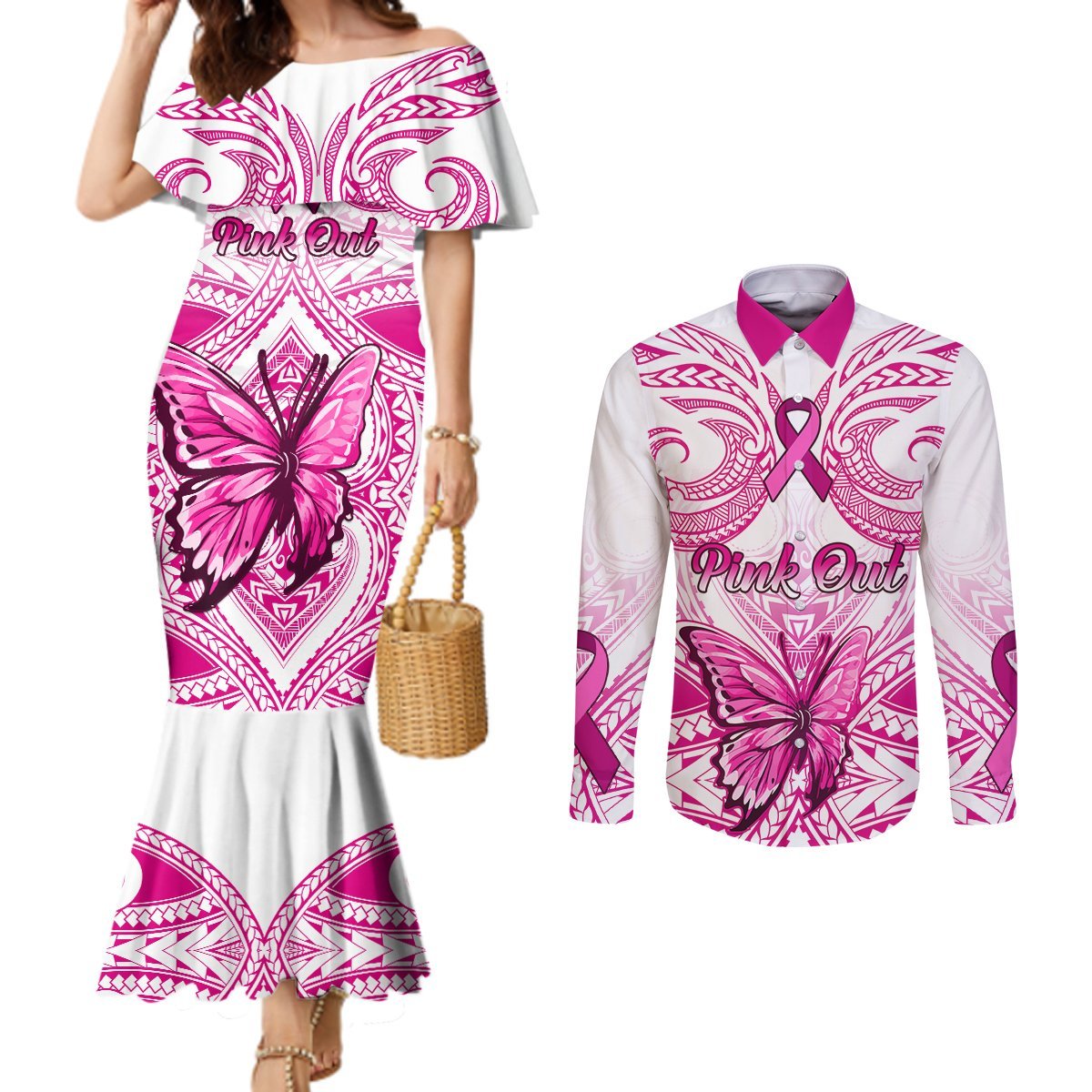 Personalised Pink Out Couples Matching Mermaid Dress and Long Sleeve Button Shirts Breast Cancer Awareness Polynesian Pattern White Version LT01 White - Polynesian Pride