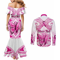 Personalised Pink Out Couples Matching Mermaid Dress and Long Sleeve Button Shirts Breast Cancer Awareness Polynesian Pattern White Version LT01 - Polynesian Pride