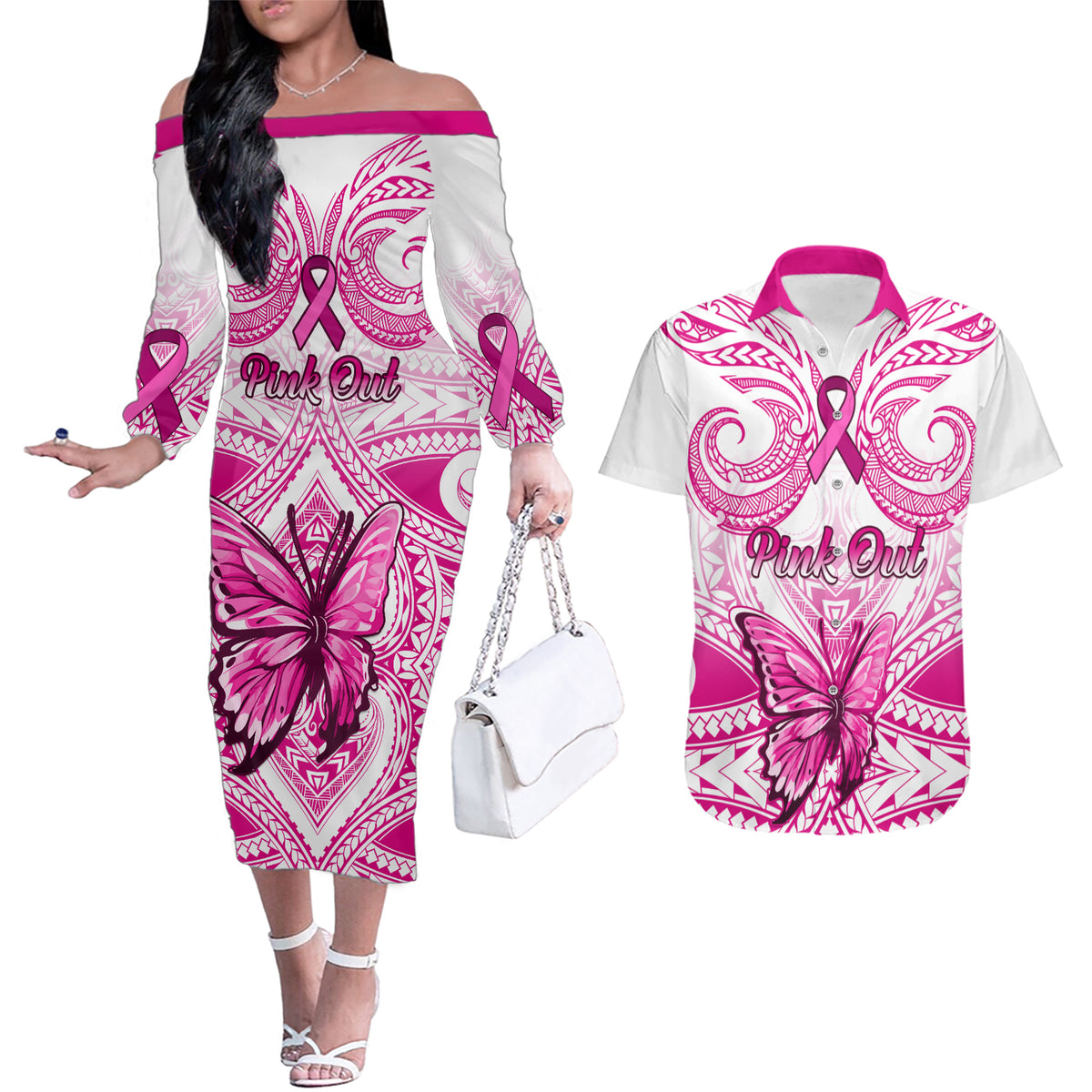 Personalised Pink Out Couples Matching Off The Shoulder Long Sleeve Dress and Hawaiian Shirt Breast Cancer Awareness Polynesian Pattern White Version LT01 White - Polynesian Pride