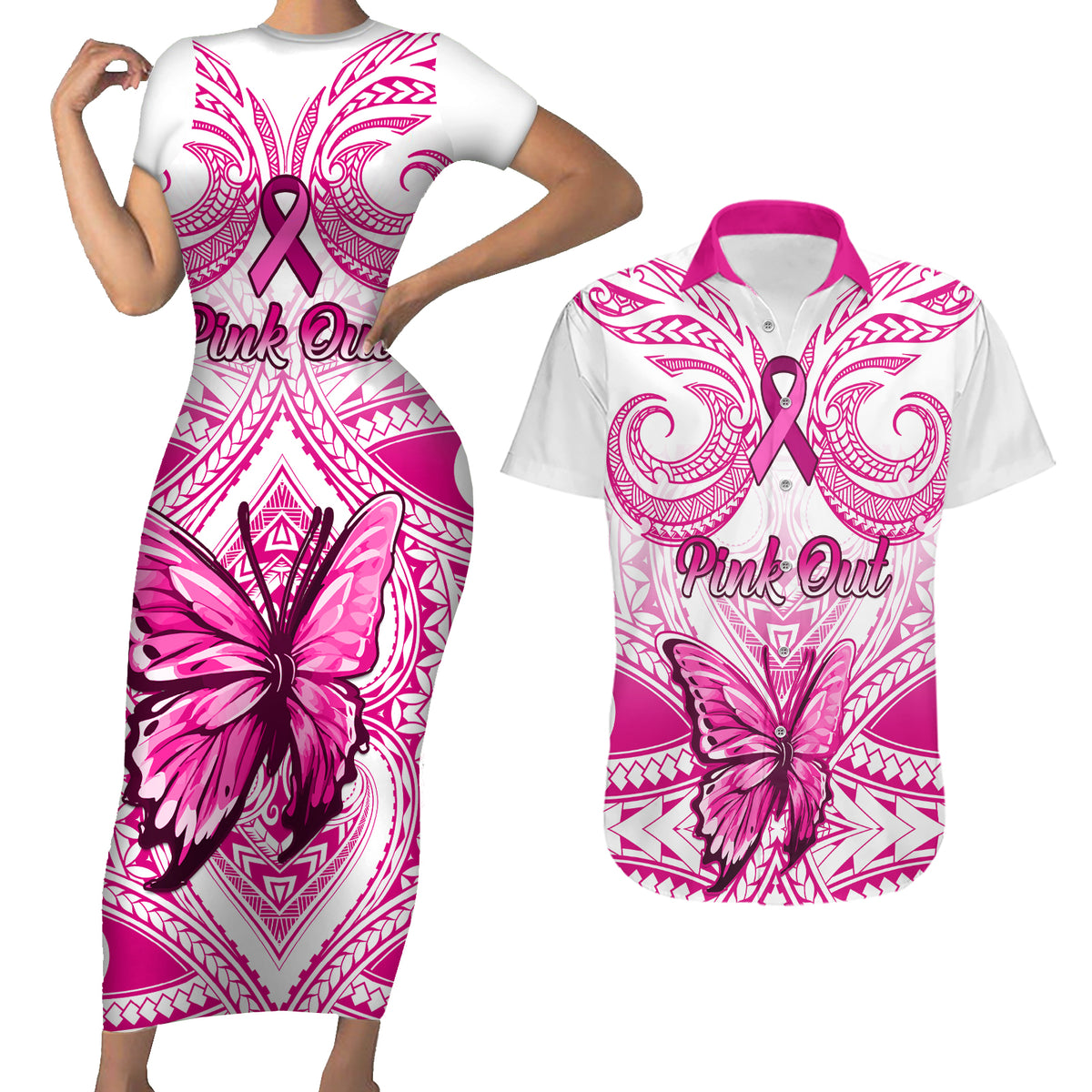Personalised Pink Out Couples Matching Short Sleeve Bodycon Dress and Hawaiian Shirt Breast Cancer Awareness Polynesian Pattern White Version LT01 White - Polynesian Pride