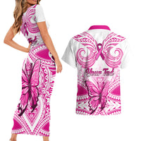 Personalised Pink Out Couples Matching Short Sleeve Bodycon Dress and Hawaiian Shirt Breast Cancer Awareness Polynesian Pattern White Version LT01 - Polynesian Pride