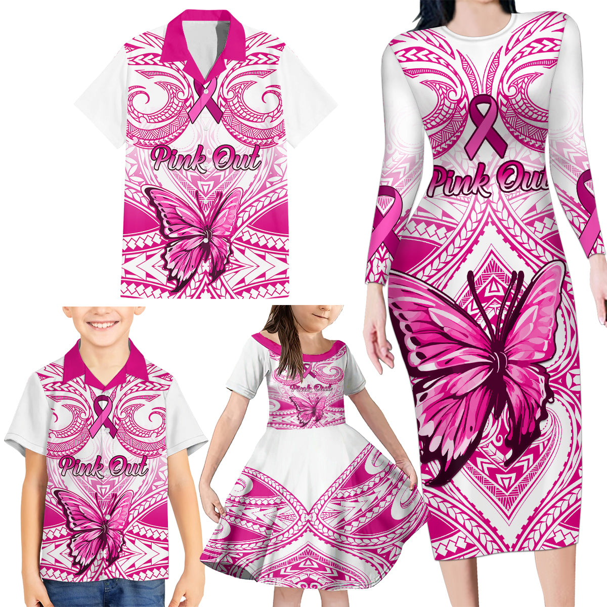 Personalised Pink Out Family Matching Long Sleeve Bodycon Dress and Hawaiian Shirt Breast Cancer Awareness Polynesian Pattern White Version LT01 - Polynesian Pride