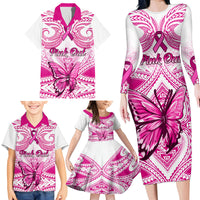 Personalised Pink Out Family Matching Long Sleeve Bodycon Dress and Hawaiian Shirt Breast Cancer Awareness Polynesian Pattern White Version LT01 - Polynesian Pride
