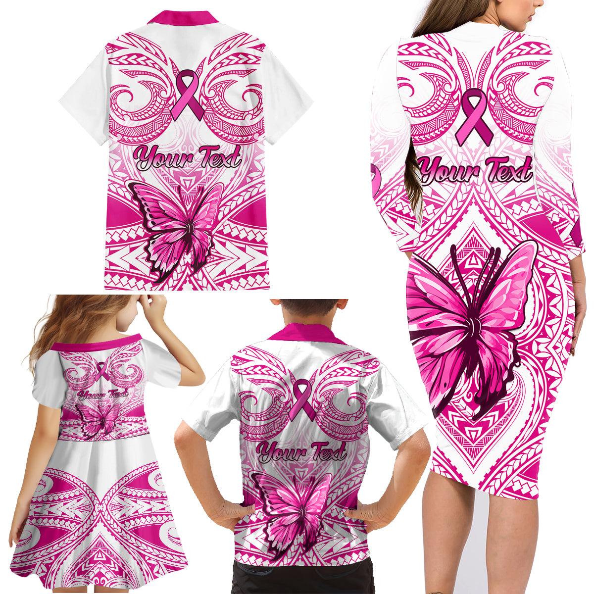 Personalised Pink Out Family Matching Long Sleeve Bodycon Dress and Hawaiian Shirt Breast Cancer Awareness Polynesian Pattern White Version LT01 - Polynesian Pride