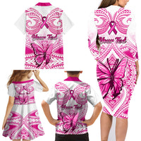Personalised Pink Out Family Matching Long Sleeve Bodycon Dress and Hawaiian Shirt Breast Cancer Awareness Polynesian Pattern White Version LT01 - Polynesian Pride