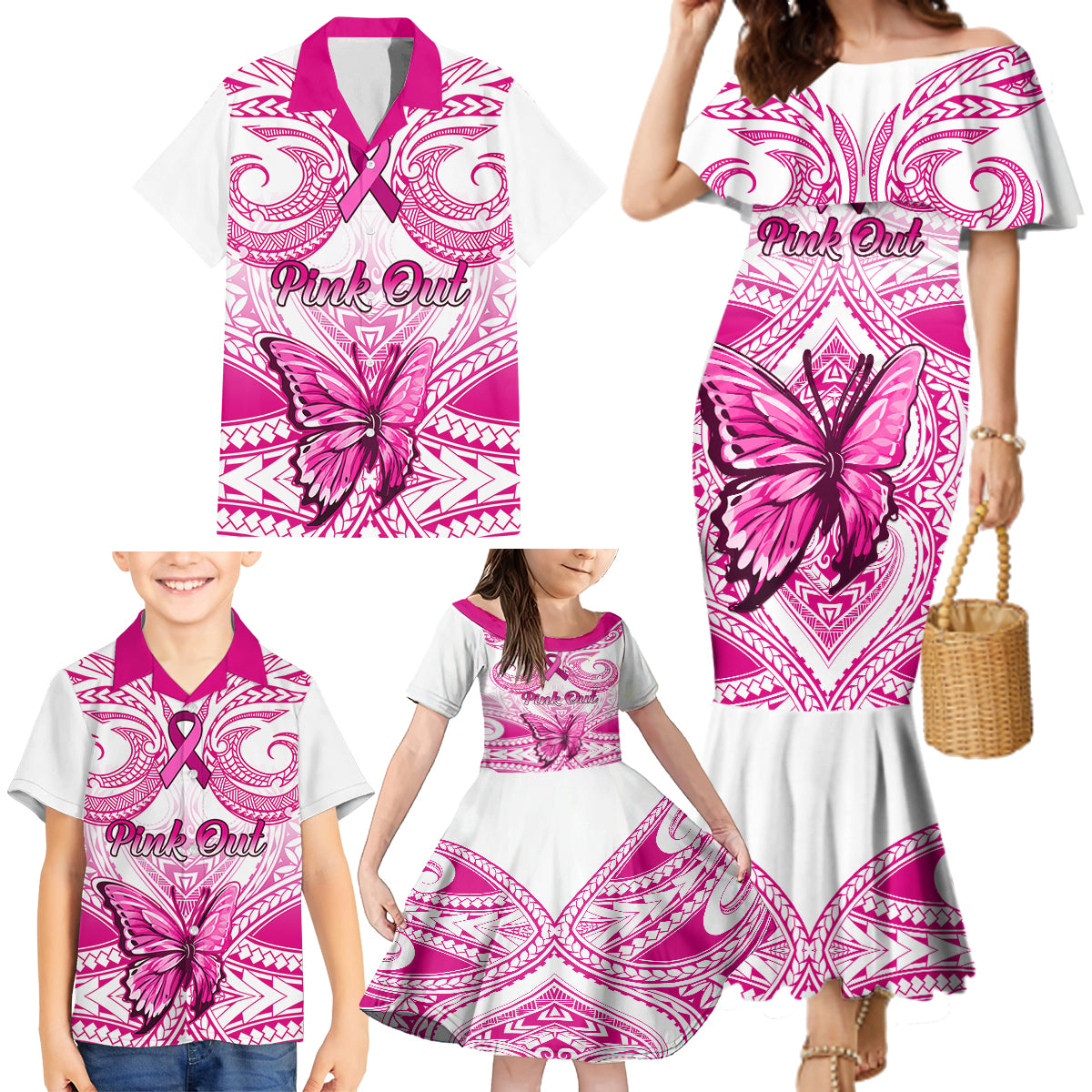 Personalised Pink Out Family Matching Mermaid Dress and Hawaiian Shirt Breast Cancer Awareness Polynesian Pattern White Version LT01 - Polynesian Pride