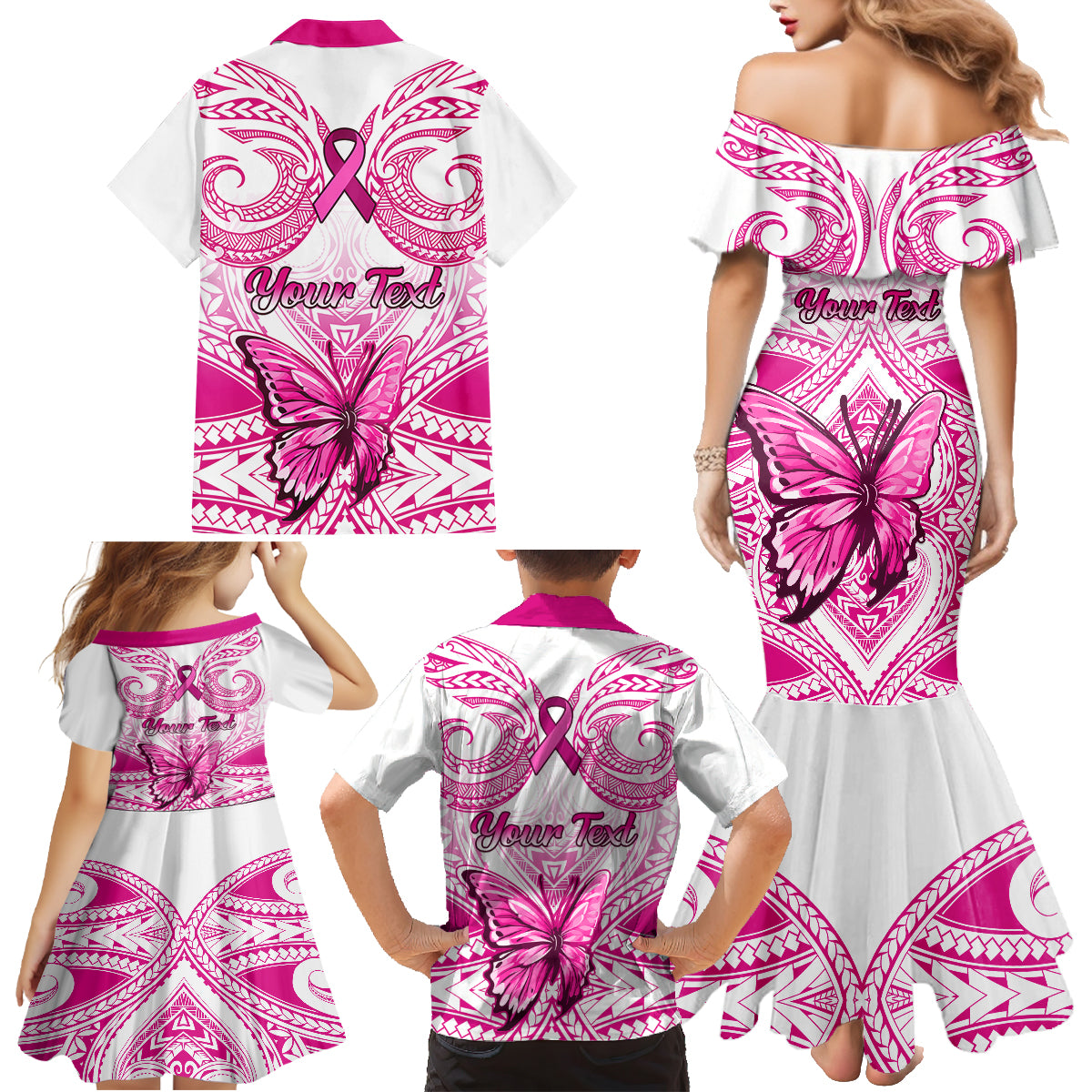 Personalised Pink Out Family Matching Mermaid Dress and Hawaiian Shirt Breast Cancer Awareness Polynesian Pattern White Version LT01 - Polynesian Pride