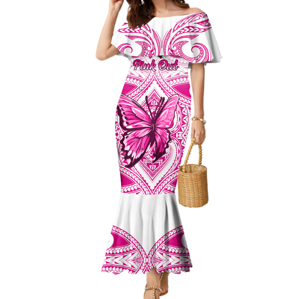 Personalised Pink Out Family Matching Mermaid Dress and Hawaiian Shirt Breast Cancer Awareness Polynesian Pattern White Version LT01 Mom's Dress White - Polynesian Pride