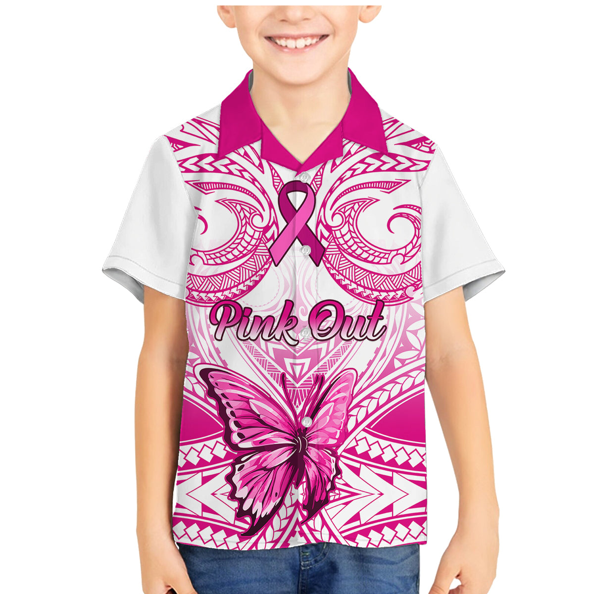Personalised Pink Out Family Matching Mermaid Dress and Hawaiian Shirt Breast Cancer Awareness Polynesian Pattern White Version LT01 Son's Shirt White - Polynesian Pride